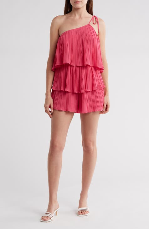 Blowing Kissed Pleated Ruffle One-Shoulder Romper