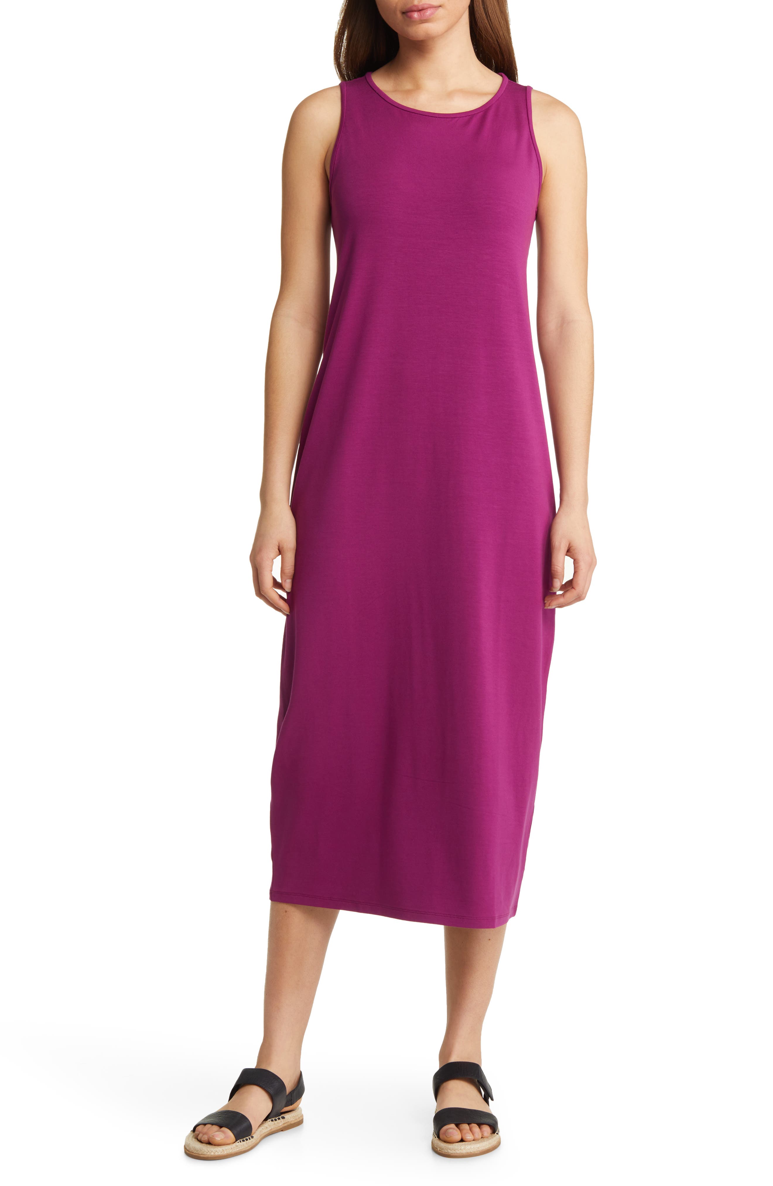 Eileen Fisher Sleeveless V-neck Jersey Midi Dress in Red