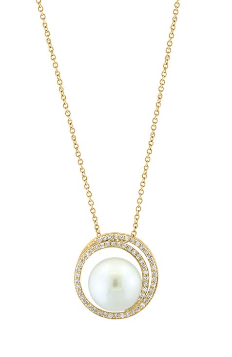 14K Yellow Gold 11mm Freshwater Pearl & Diamond Circle Pendant Necklace - 0.28ct.