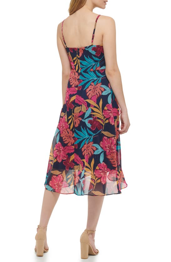 Shop Kensie Tropical Print Ruffle Chiffon Midi Dress In Navy Multi