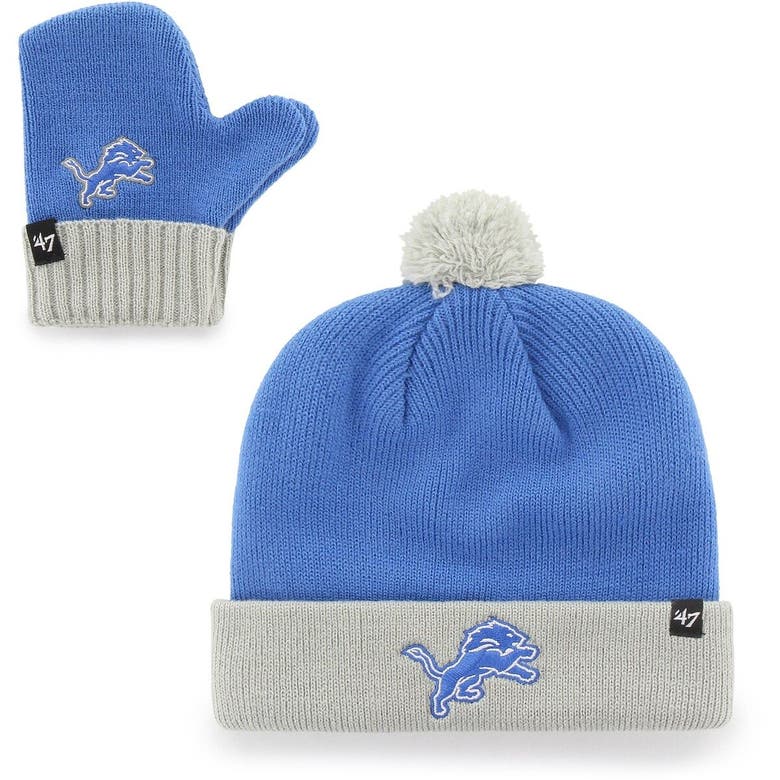 47 Babies' Toddler ' Blue/silver Detroit Lions Bam Bam Cuffed Knit Hat With Pom And Mittens Set