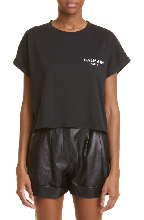 Shop Balmain Flocked Logo Crop T-shirt In Eab Black/white