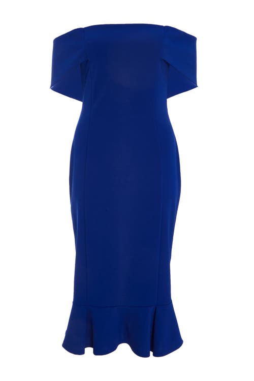Quiz Bardot Midi Dress With Frilled Hem In Royal Blue
