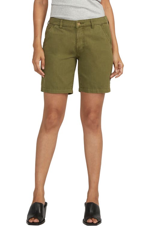 Mid Rise Cotton & Linen Twill Shorts in Moss