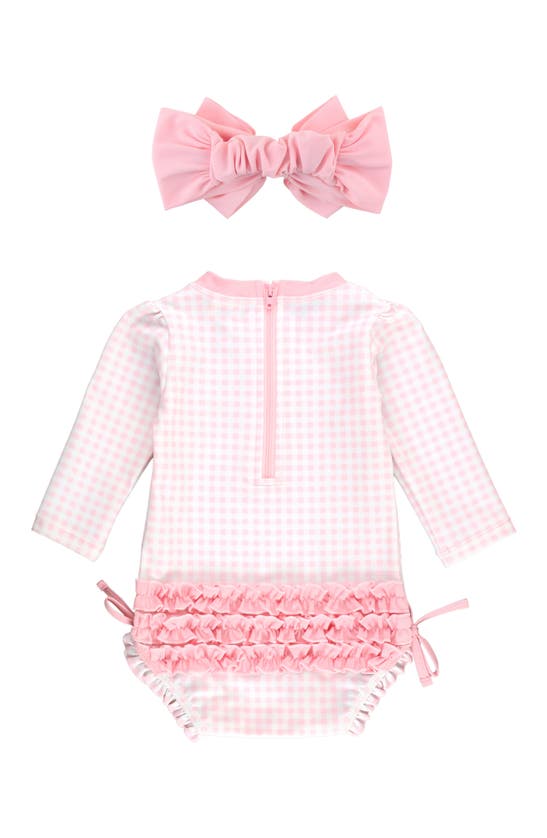 Shop Rufflebutts Gingham Long Sleeve One-piece Swimsuit & Headband Set In Pink Gingham