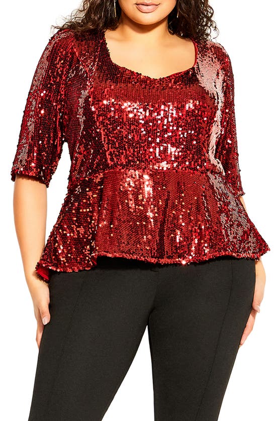 City Chic Sequin Peplum Top In Crimson
