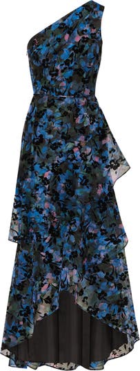 Adrianna Papell Floral Flocked Velvet One Shoulder High Low Gown