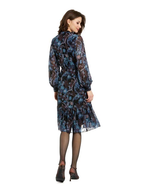Mac Duggal Lurex Chiffon Bishop Sleeve Button Up Midi Dress In Black Multi