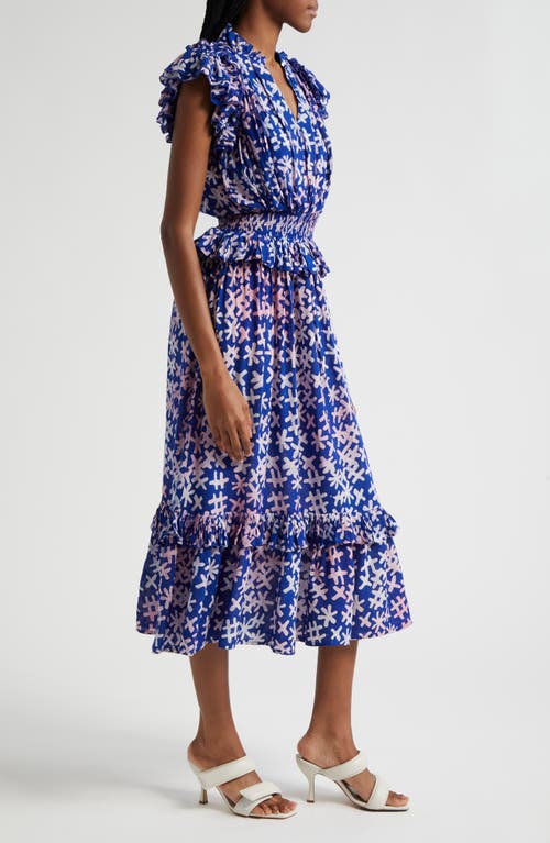 Shop Busayo Bukola Tiered Midi Dress In Blue/pink Multi