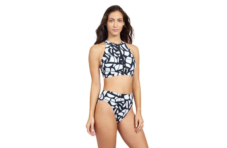Free Sport By Gottex Geo Club High Neck Bikini Swim Top With Zipper In Black/white