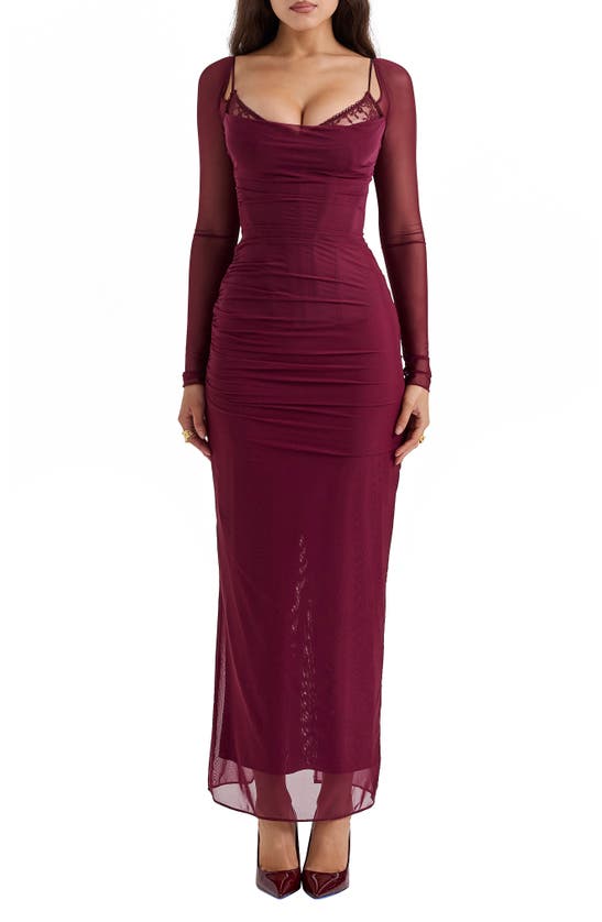Shop House Of Cb Katrina Lace Mesh Long Sleeve Gown In Windsor Wine