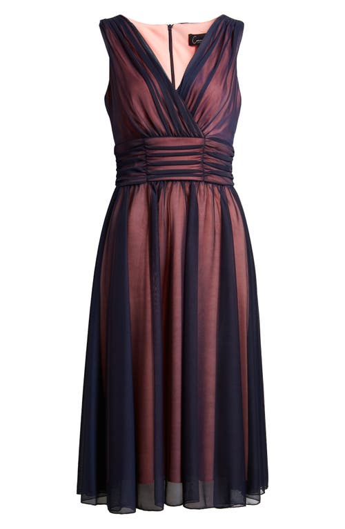 Connected Apparel Chiffon Overlay Fit & Flare Dress in Navy/Salmon