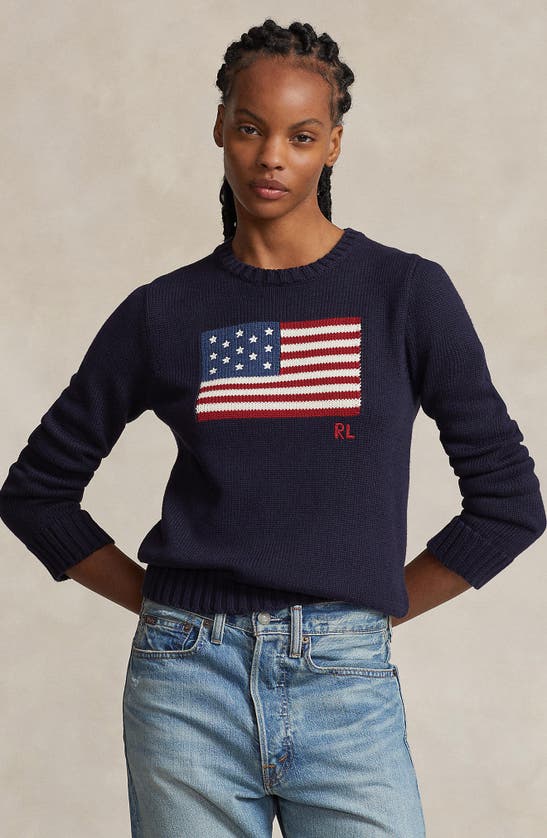 Shop Polo Ralph Lauren Flag Crewneck Sweater In Navy