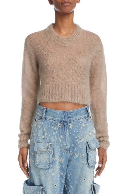 Acne Studios Kosma Open Knit V-Neck Crop Mohair & Wool Blend Sweater in Light Taupe