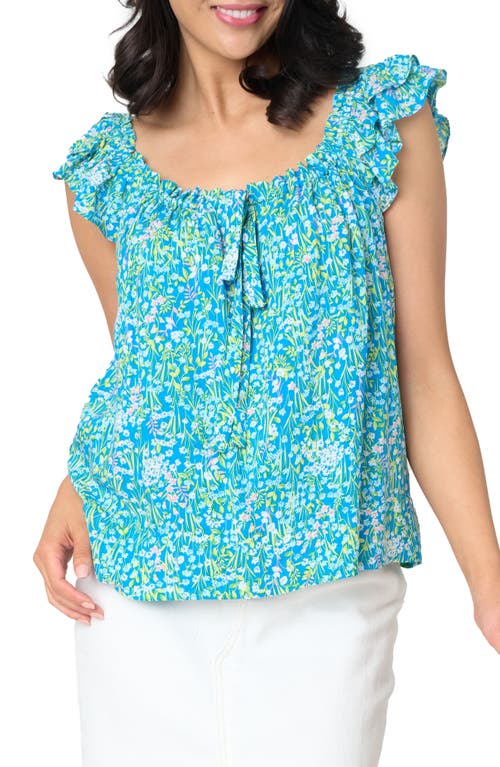 Tie Neck Flutter Sleeve Top in Pretty Meadow Blue Floral