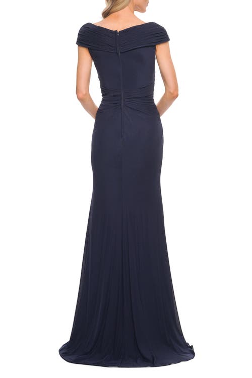 La Femme Ruched Satin Floor Length Gown In Navy