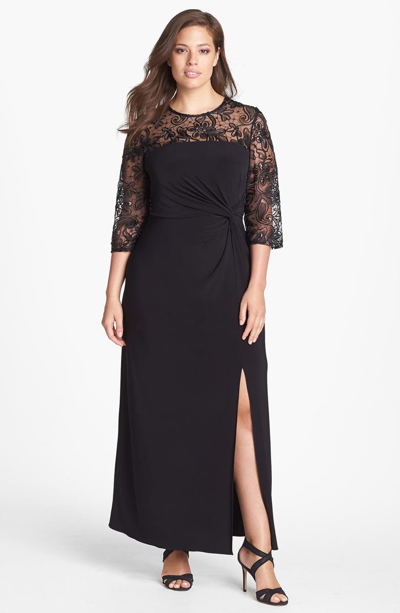 Alex Evenings Lace Sleeve Twist Knot Jersey Gown (Plus Size) | Nordstrom
