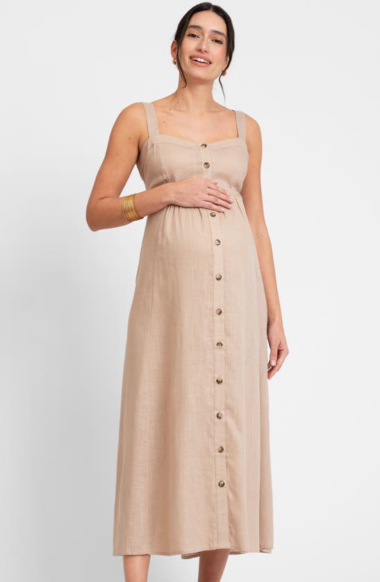 Shop Seraphine Button Front Maternity/nursing Midi Sundress In Taupe