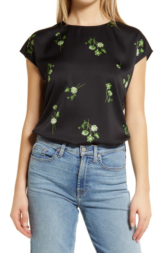 Halogen Cap Sleeve Satin Blouse In Black Floral Bunches