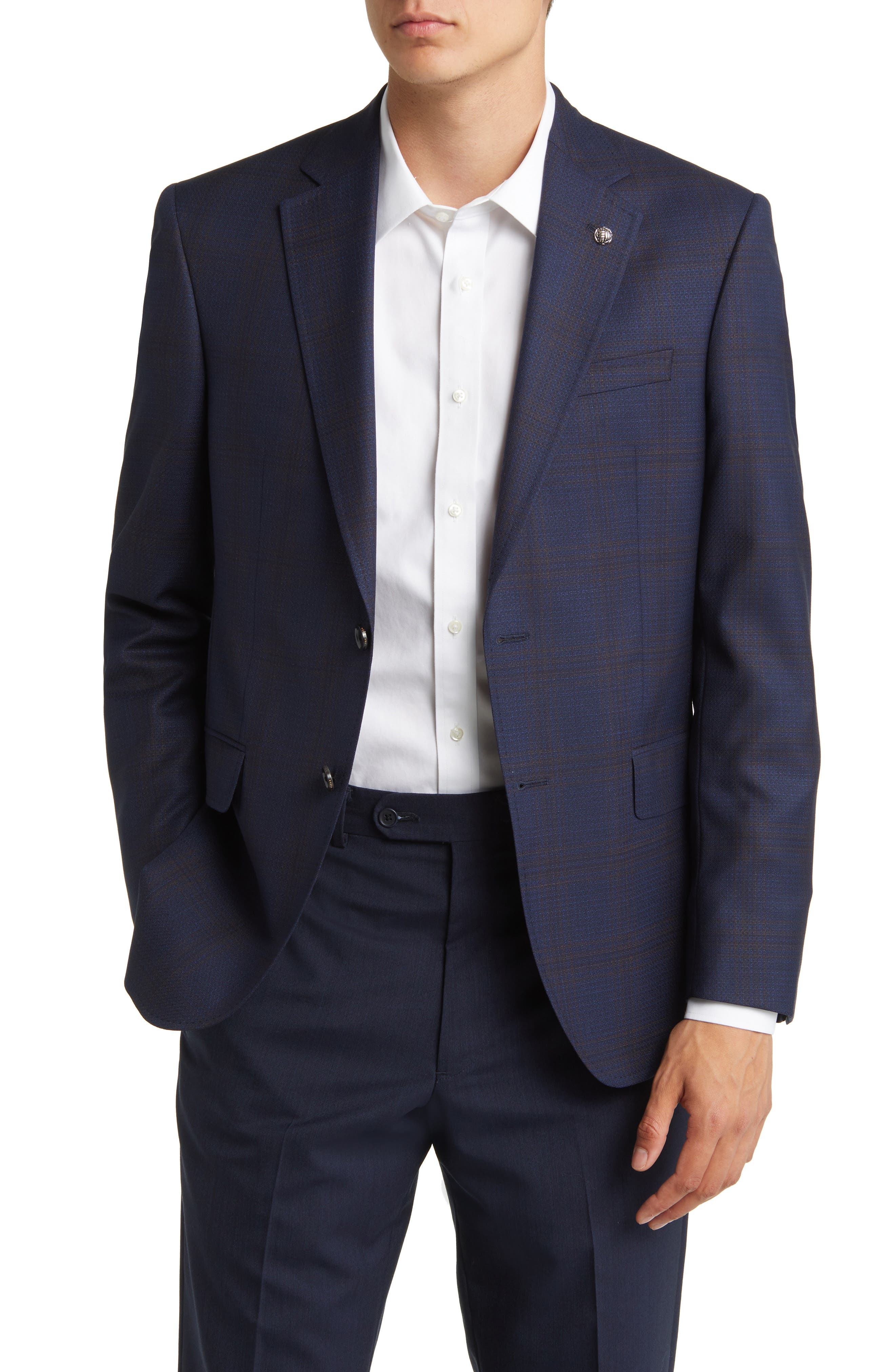 Pelago Navy Blazer: Mens Slim-Fit Windowpane Plaid Half-Canvas Cotton Jacket main image 0