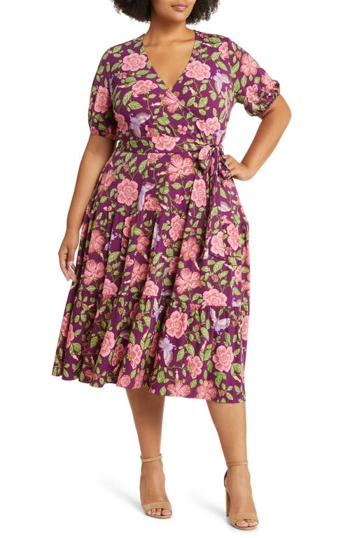Leota Drew Floral Print Short Sleeve Dress in Flutter Raspberry Radiance