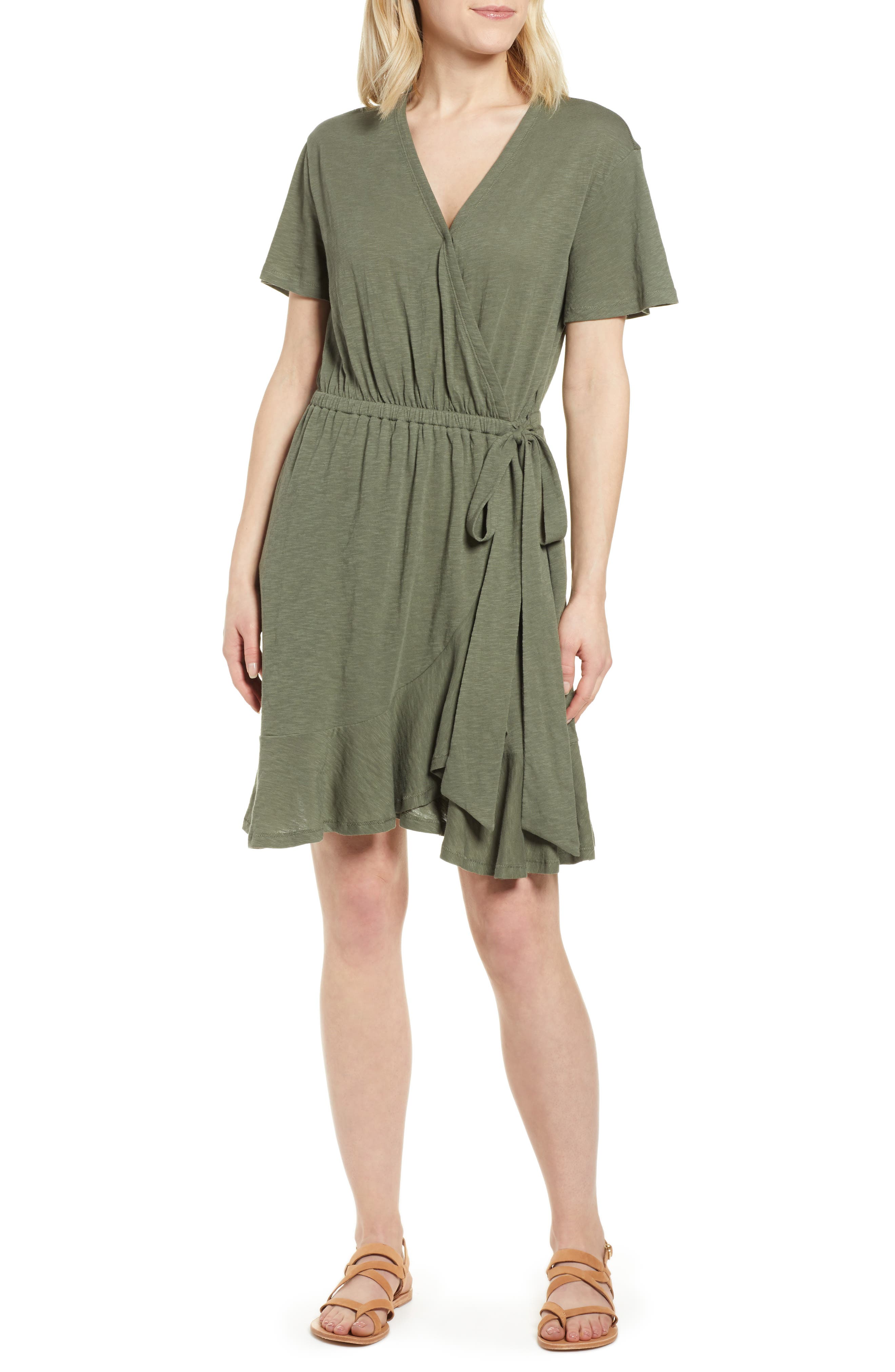 Petite Caslon Asymmetrical Hem Faux Wrap Dress, Green
