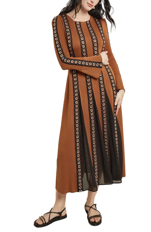 Shop Misook Sheer Panel Long Sleeve Midi Dress In Copper/black