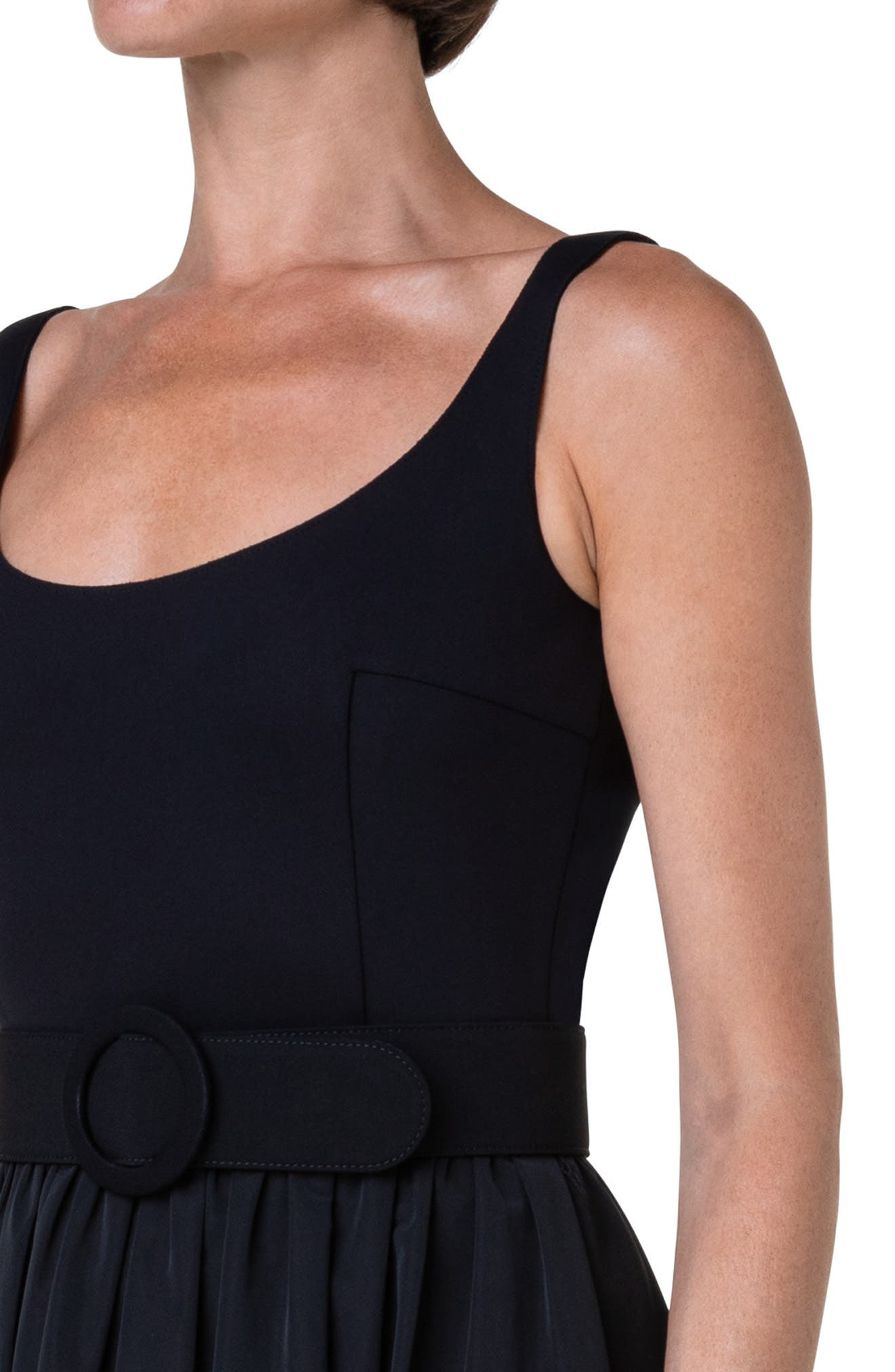 Contrast Neck-Trim A-Line Sleeveless Midi Dress