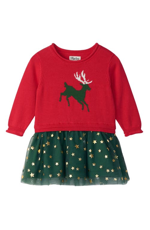 Shop Hatley Holiday Reindeer Layered Look Sweater Dress In Red