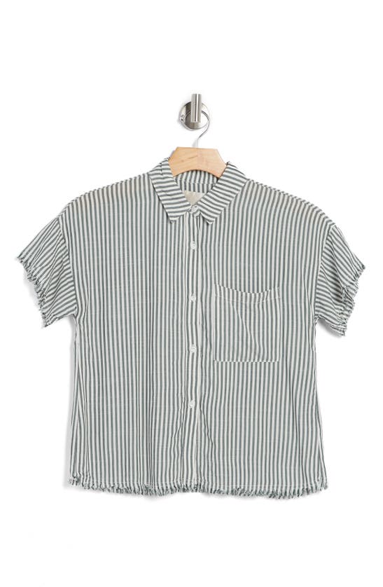 Industry Republic Clothing Frayed Sleeves Camp Shirt In Green/ White Stripe