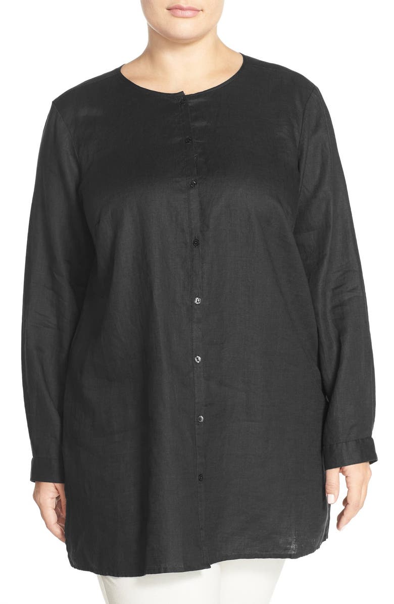 Eileen Fisher Organic Linen Round Neck Long Shirt (Plus Size) | Nordstrom