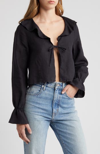 Shop Nation Ltd Camila Ruffle Tie Front Linen Top In Jet Black