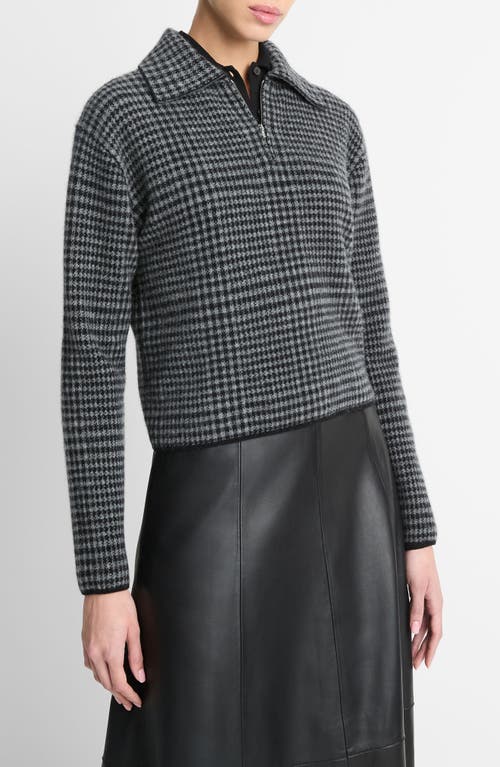 Shop Vince Houndstooth Wool & Cashmere Quarter Zip Sweater In Heather Smoke/black Combo