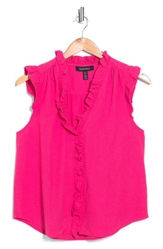 Ellen Tracy Ruffle Linen Blend Shirt In Fuschia