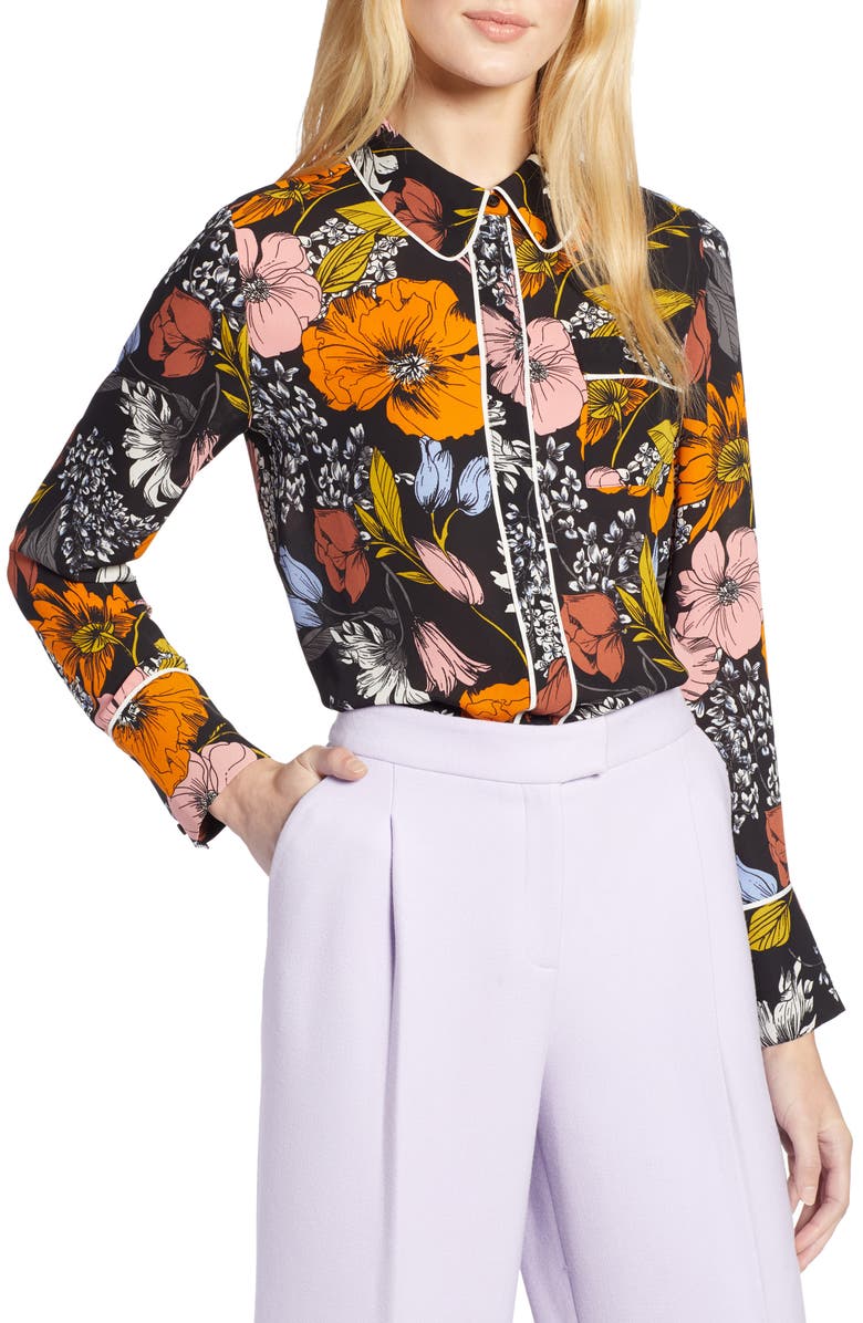 HALOGEN<SUP>®</SUP> x Atlantic-Pacific Hidden Placket Blouse, Main, color, BLACK EADIE FLORAL
