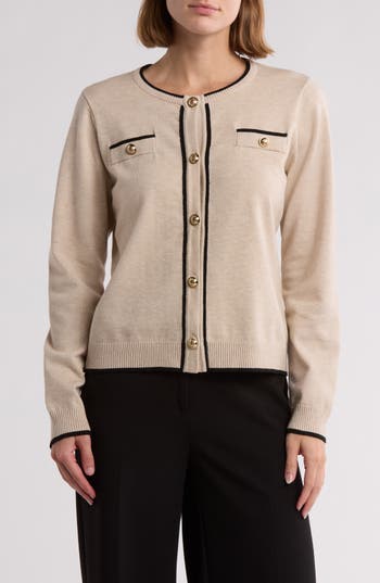 By Design Keira Chest Pocket Cardigan In Tipped Oatmeal