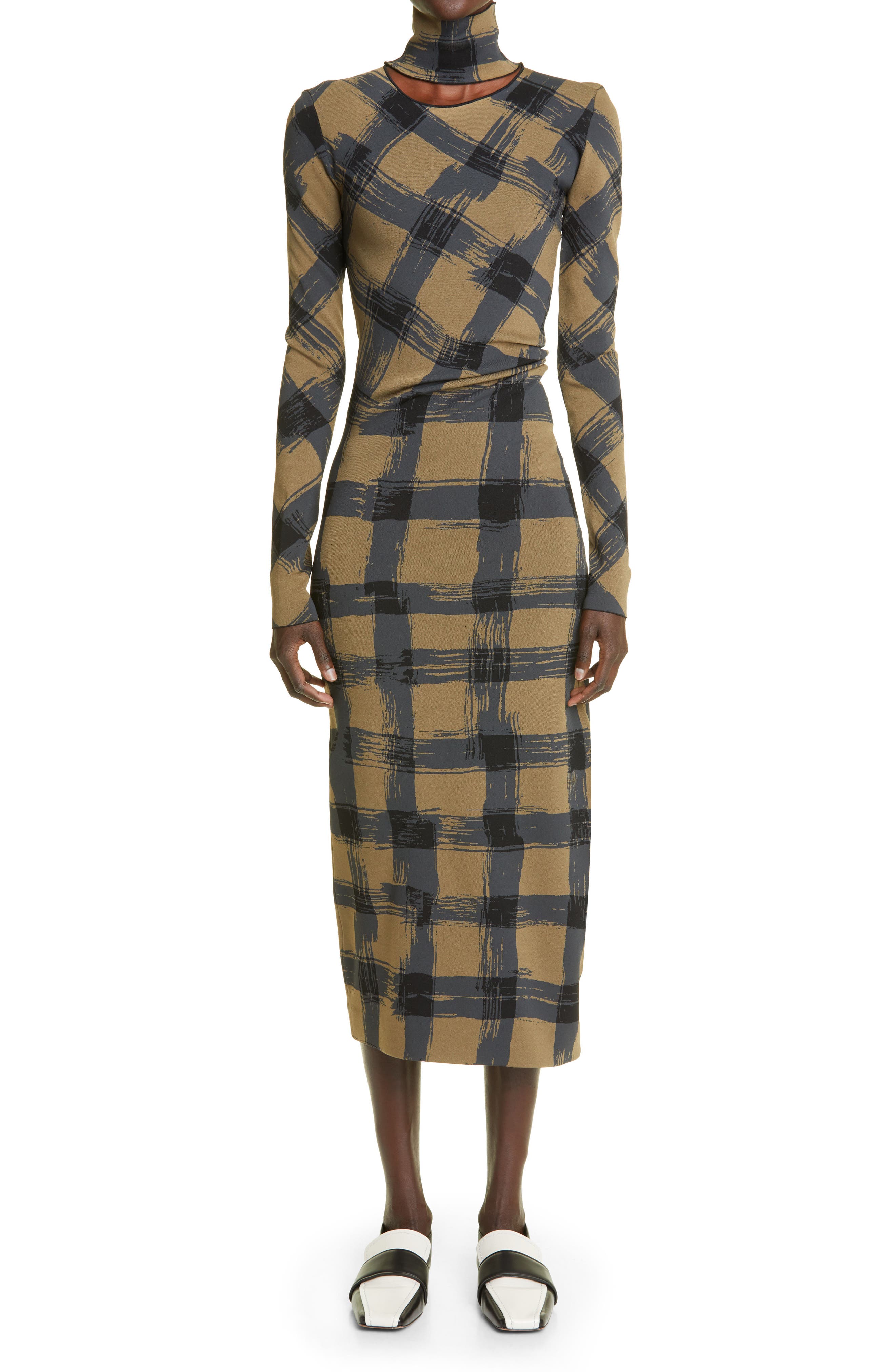 Proenza Schouler Gingham Cutout Long Sleeve Dress in Fatigue Multi