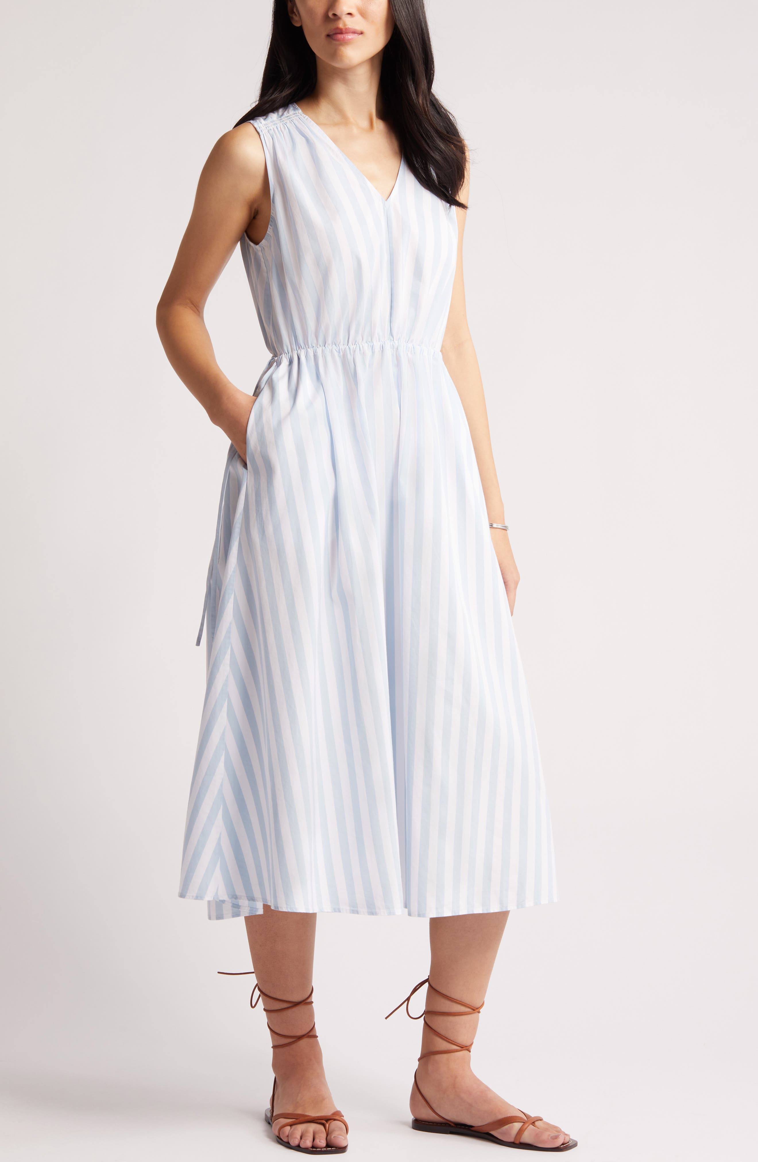 Nordstrom Signature Stripe Tie Waist Cotton Dress in Blue Skyride