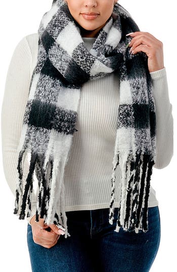 Marcus Adler Women's Cozy Plaid Blanket Scarf With Fringe In Black