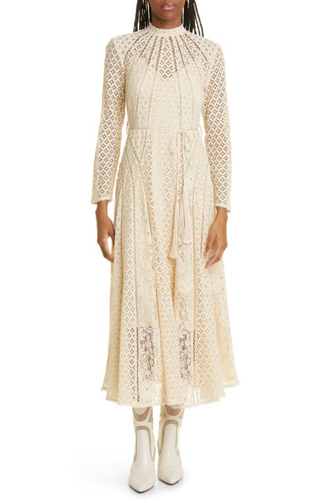Mixed Lace Panel Long Sleeve Cotton Blend Dress