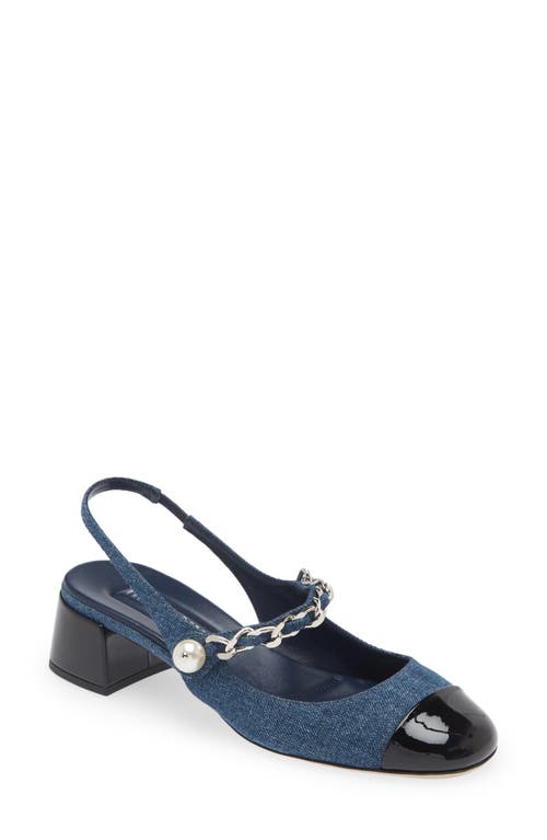 MIU MIU MIU MIU IMITATION PEARL CAP TOE DENIM SLINGBACK SANDAL