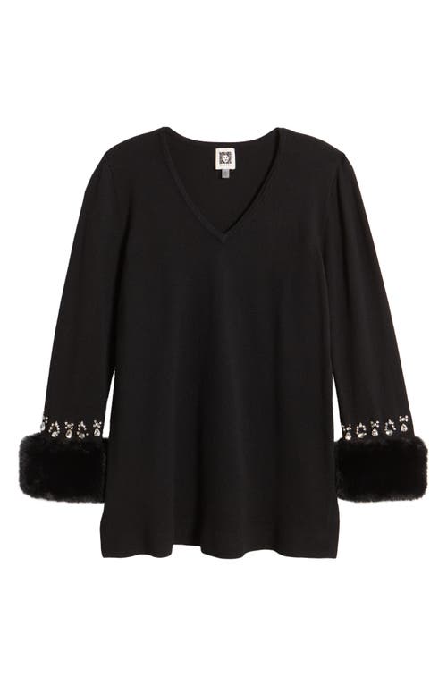 Shop Anne Klein Crystal & Faux Fur Trim Tunic Sweater In Anne Black