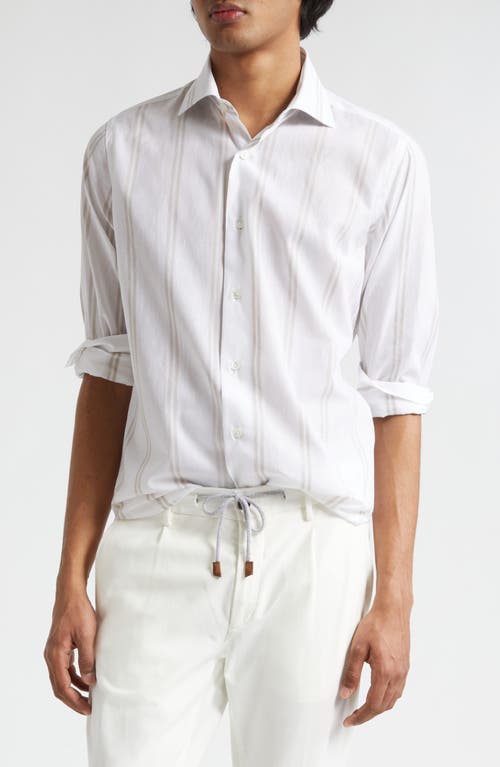 Eleventy Double Stripe Cotton & Linen Button-Up Shirt White And Beige at Nordstrom,