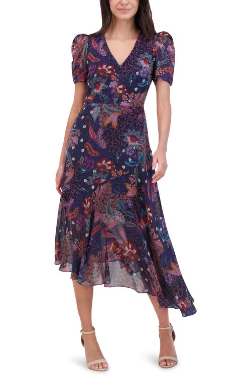 Shop Vince Camuto Floral Puff Sleeve Asymmetric Chiffon Dress In Navy Multi