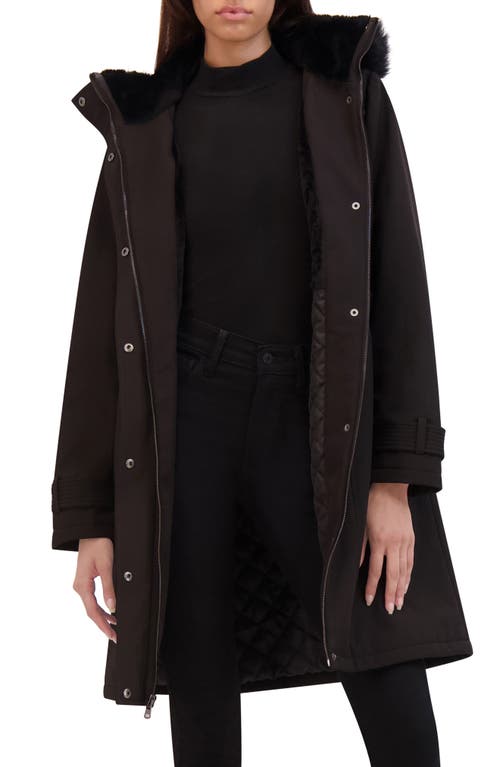 Shop Kenneth Cole Belted Faux Fur Trim Hooded Coat In Black