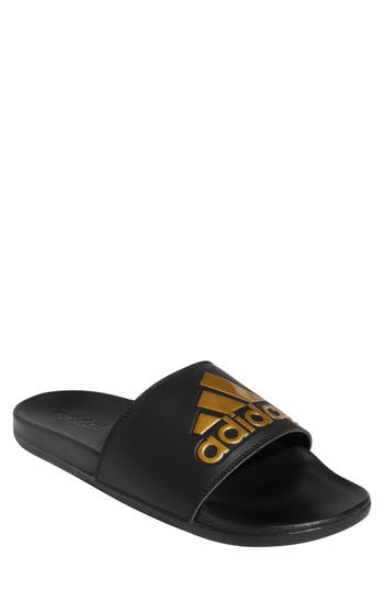 Adidas Originals Adidas Adilette Comfort Slide Sandal In Black/gold Metallic/black