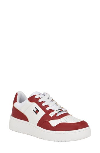Tommy Hilfiger Twigye Womens Lace-up Faux Leather Casual And Fashion Sneakers In White/red