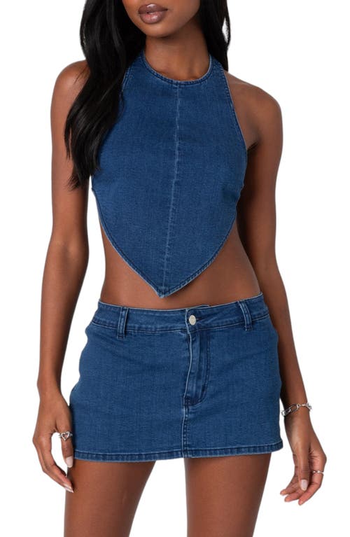 EDIKTED Sydnie Open Back Denim Halter Top Dark-Blue at Nordstrom,