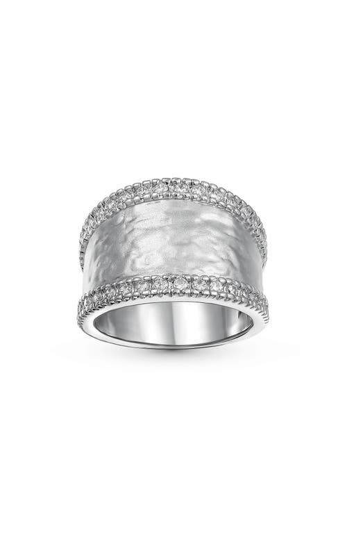 Bling Jewelry Pave Cz Hammered Wide Band Ring In Silver-tone