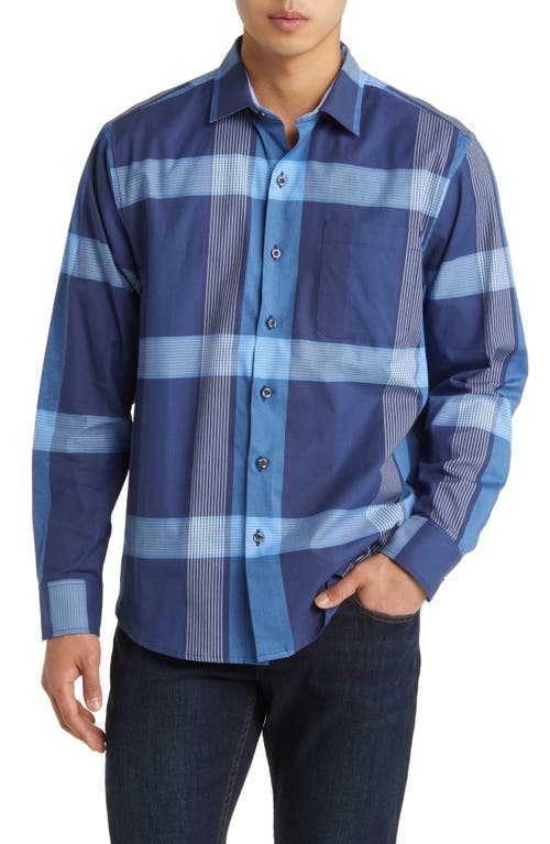 Tommy Bahama Lazlo Lux Grande Plaid Stretch Cotton & Silk Button-Up Shirt Mountain Bluebell at Nordstrom,